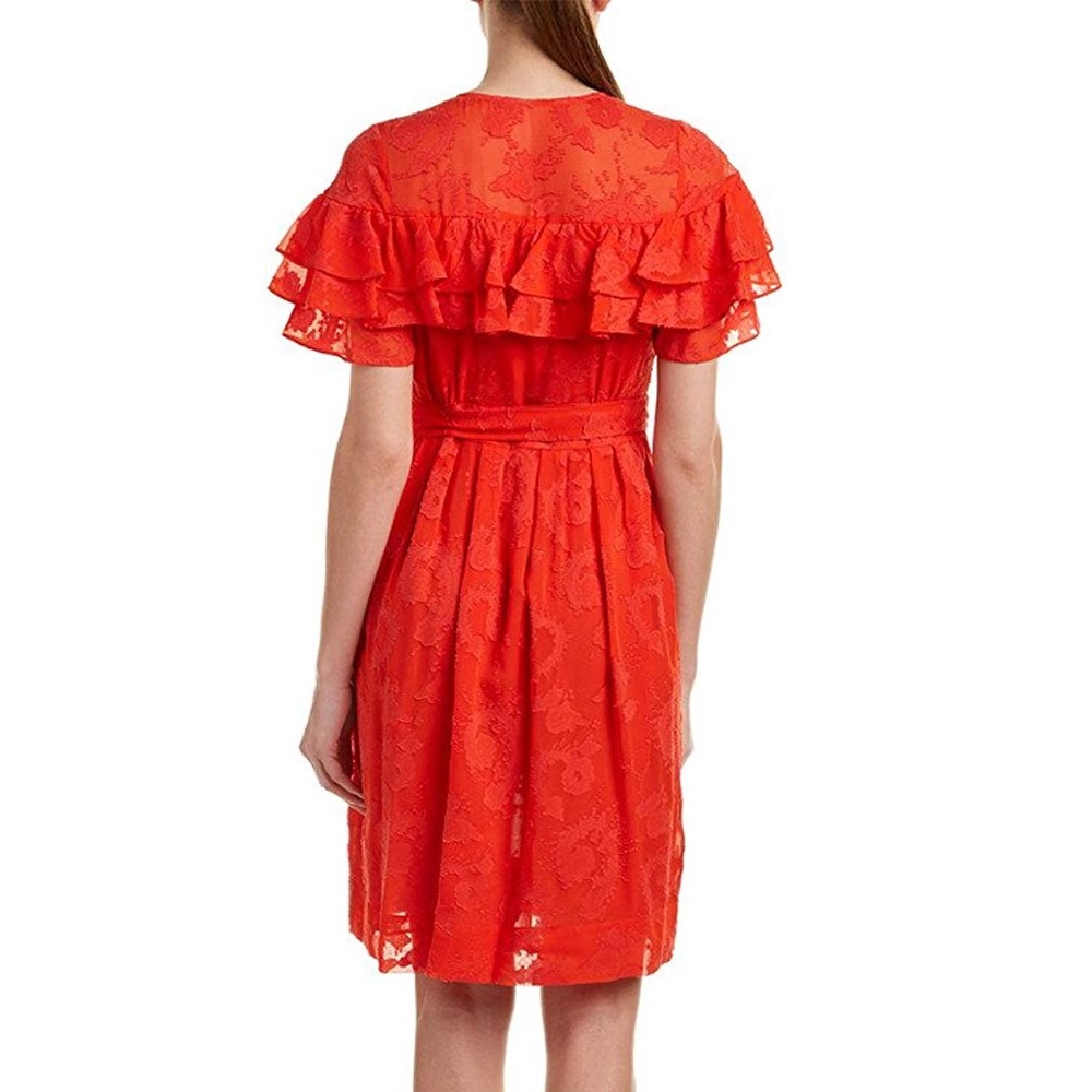 REBECCA TAYLOR Orange Red Ruffle Clipdot Silk Blend Fall Dress 2 Tie Waist Twee - Picture 4 of 7